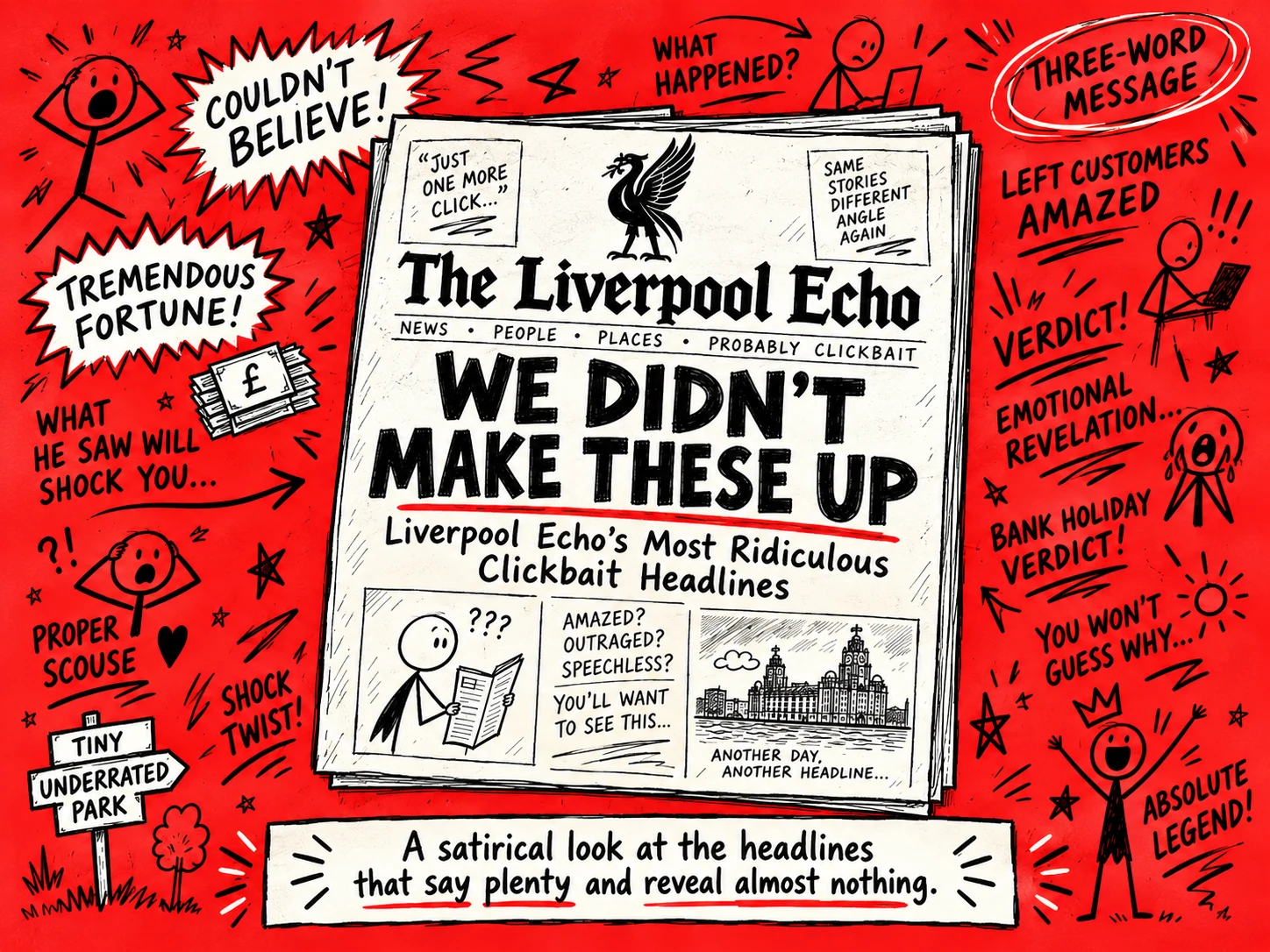 Satirical red newspaper-style illustration surrounded by exaggerated clickbait phrases and stick-figure reactions