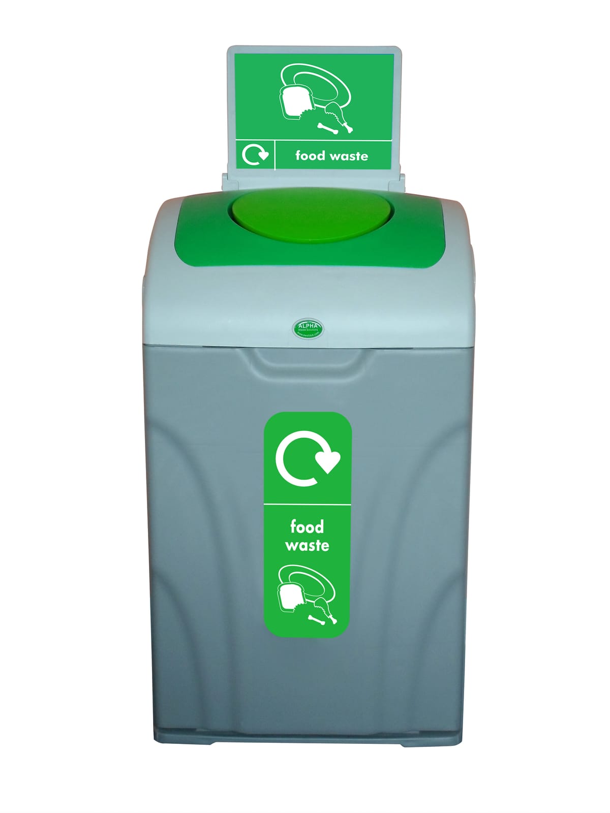 A domestic food waste container showing its locking handle and lid