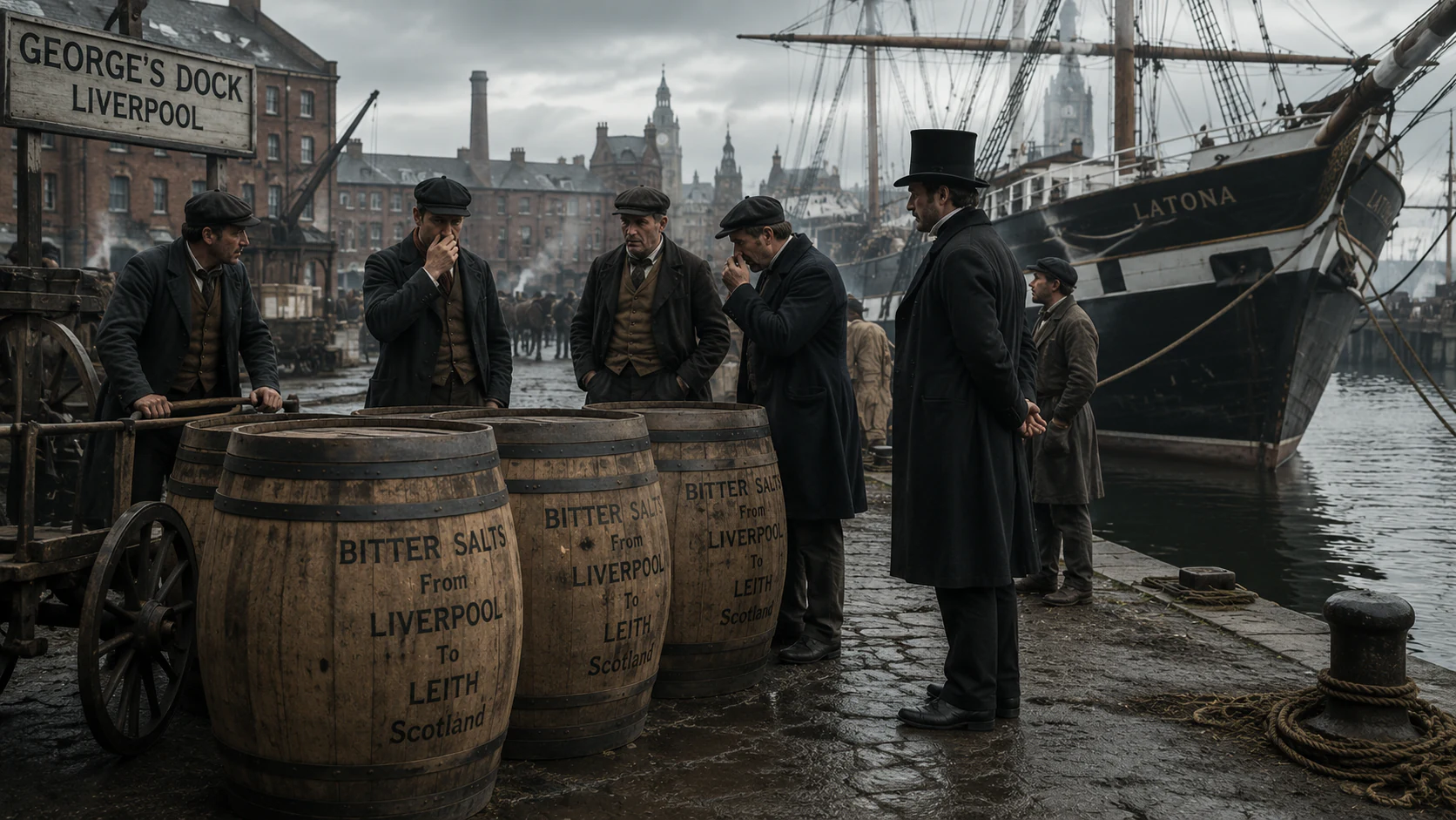 Illustrative reconstruction of three casks waiting beside the Latona at George’s Dock, Liverpool, in 1826