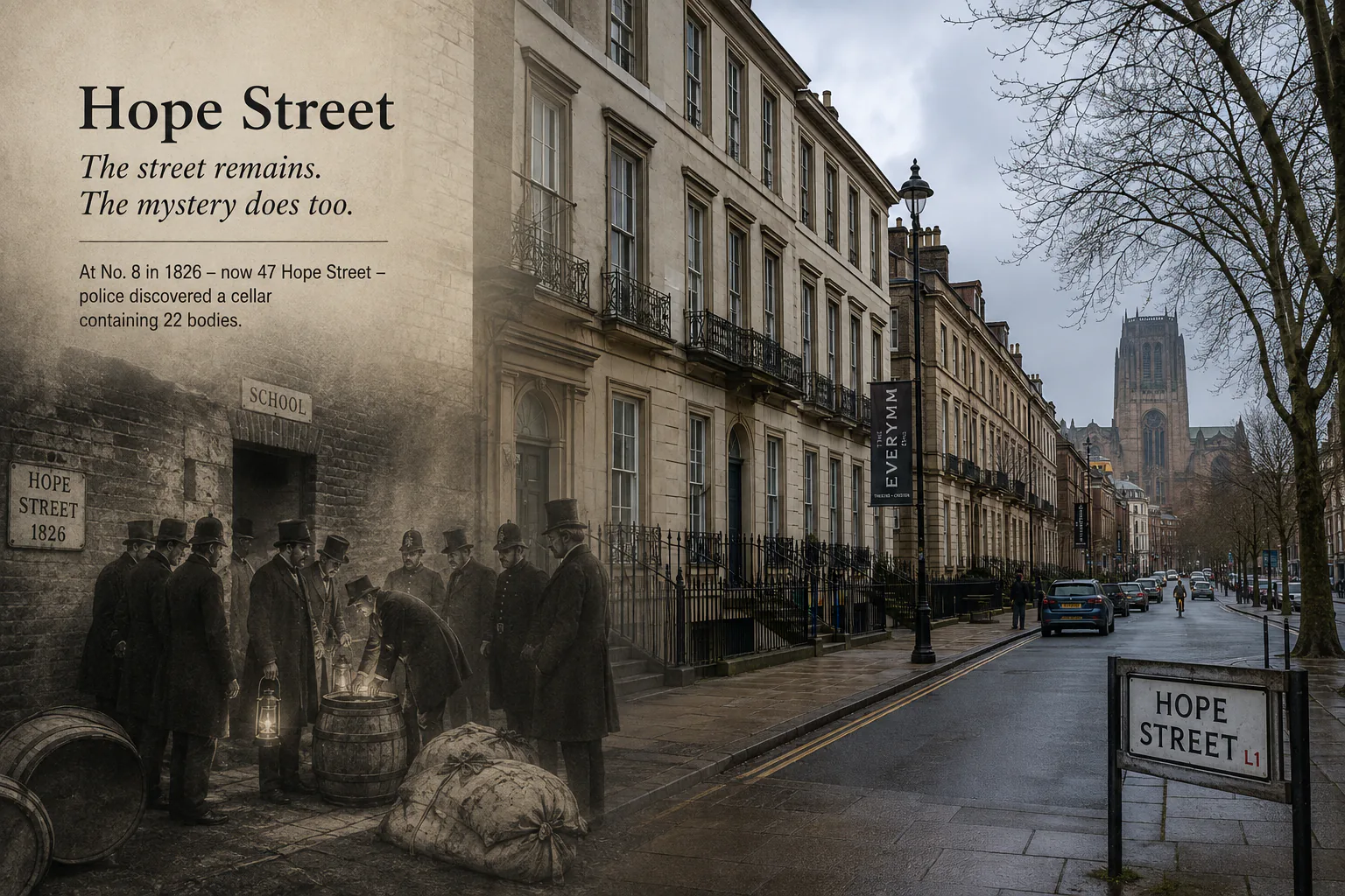 Editorial illustration linking modern Hope Street with the 1826 body-snatching investigation