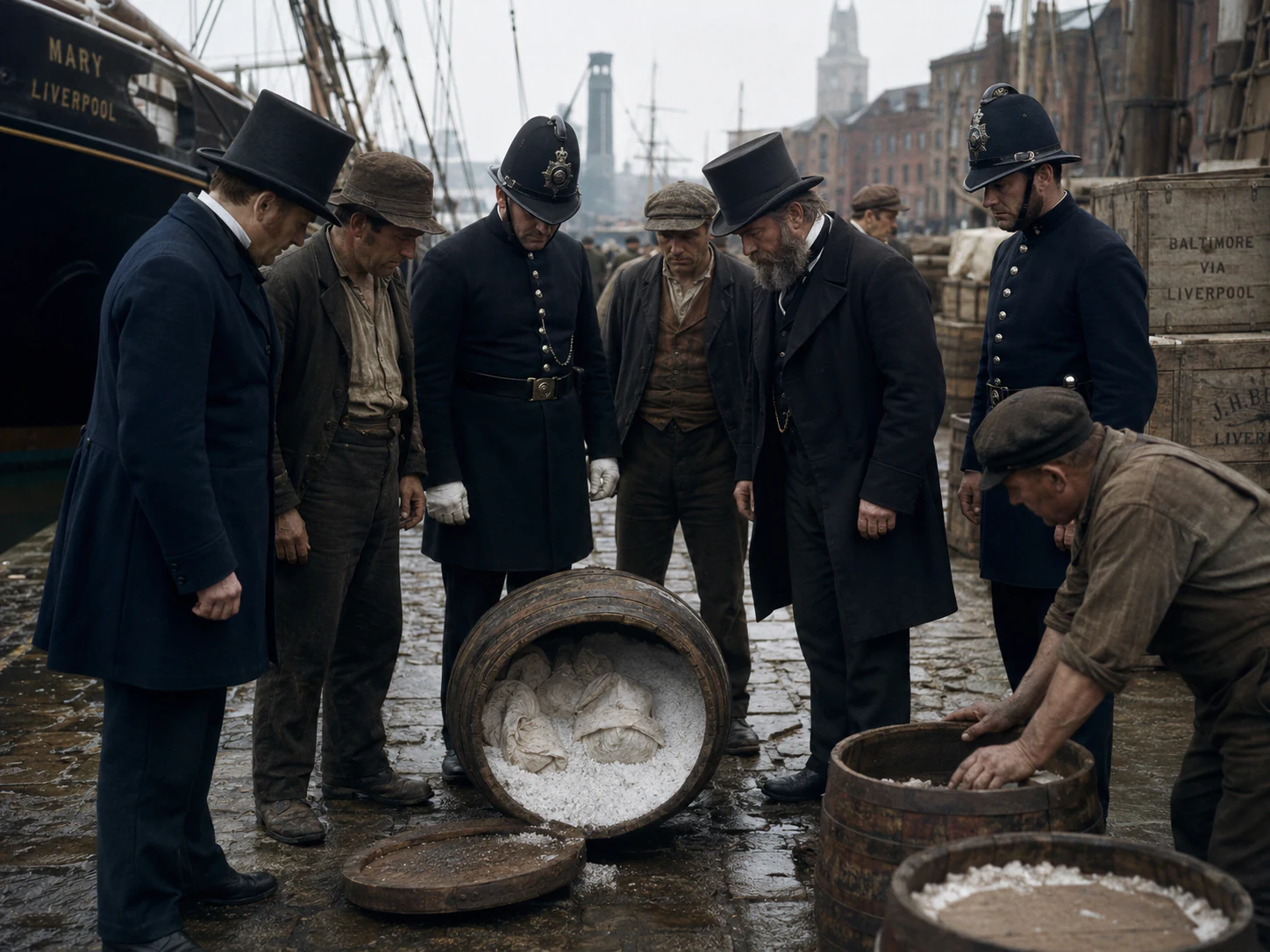 Illustrative reconstruction of dock officials examining opened casks at George’s Dock in 1826