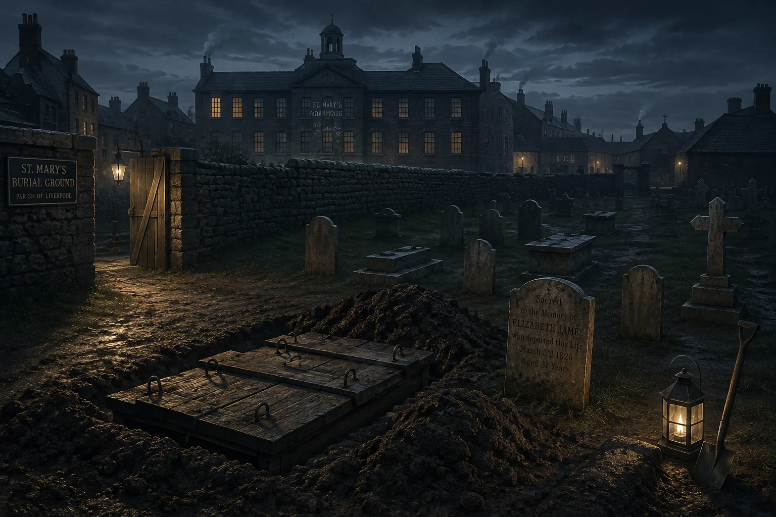 Illustrative reconstruction of St Mary’s burial ground in Liverpool in 1826, showing a communal grave cover