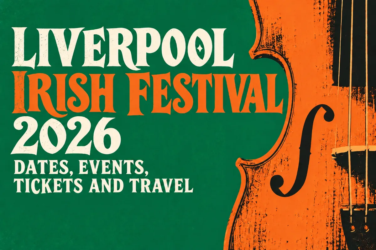Green poster with cream and orange lettering that reads Liverpool Irish Festival 2026, Dates, Events, Tickets and Travel, beside an orange violin