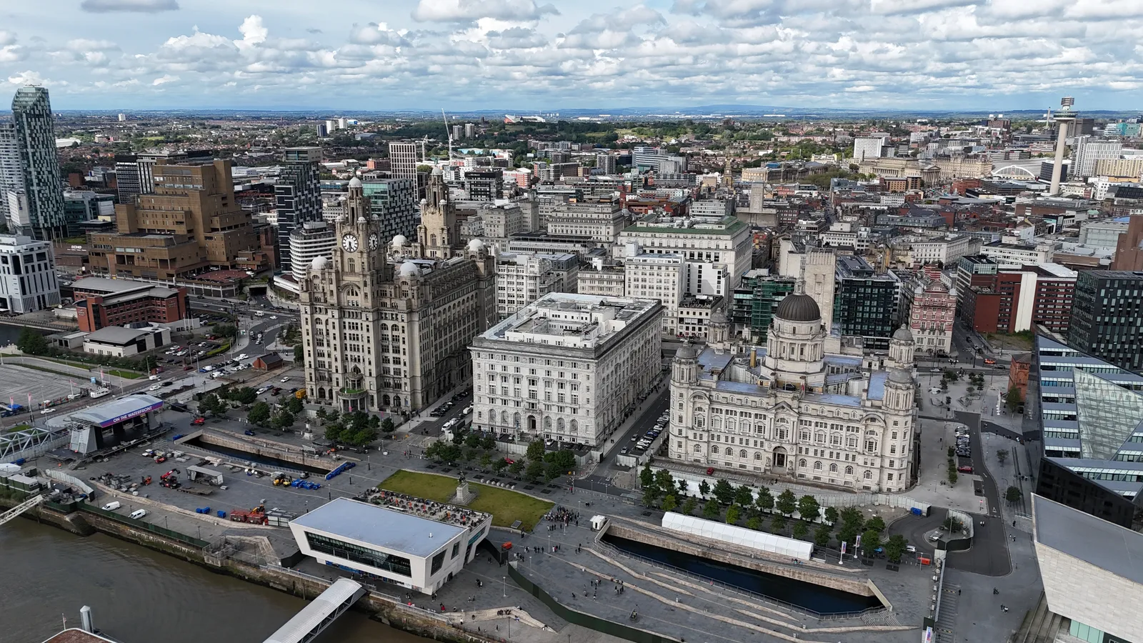 Aerial view of the Liverpool skyline with the waterfront buildings and city centre