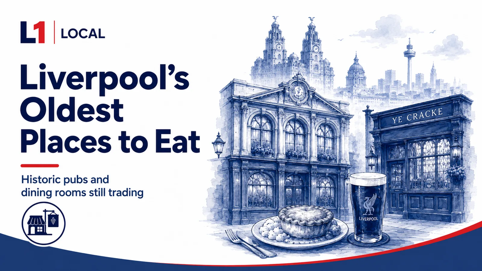 L1 Local title card reading Liverpool's Oldest Places to Eat, over an illustration of the Philharmonic Dining Rooms and the Ye Cracke pub front, with the Liverpool skyline, a pie and a pint of stout