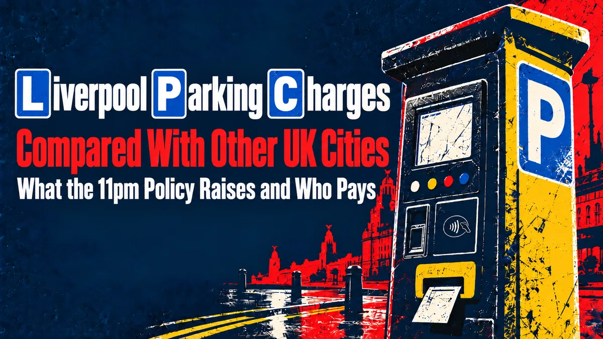 Liverpool Parking Charges Compared With Other UK Cities: a navy and red illustration of a yellow and black parking meter beside the Liver Building skyline.
