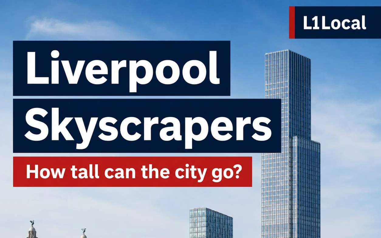 Liverpool's waterfront skyline with the Royal Liver Building, the radio tower and a cluster of tall glass towers behind, under the words Liverpool Skyscrapers