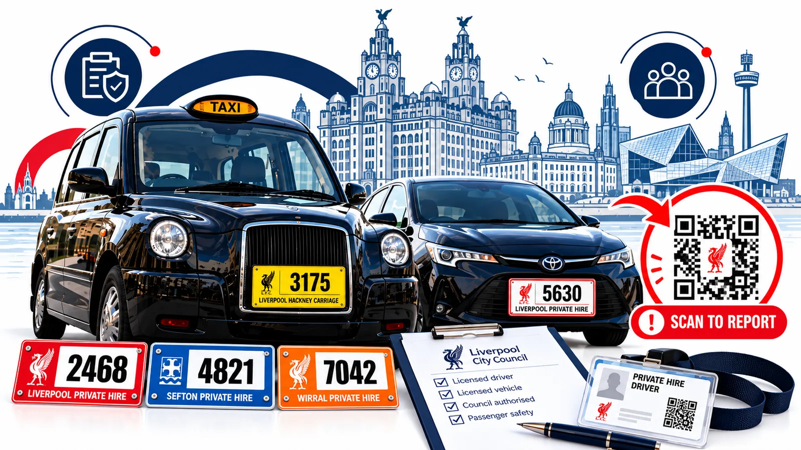 Illustration of a black Liverpool hackney carriage and a private hire car beside council licence plates, a licensing checklist, a driver badge and a scan to report QR code, with the Liverpool waterfront skyline behind