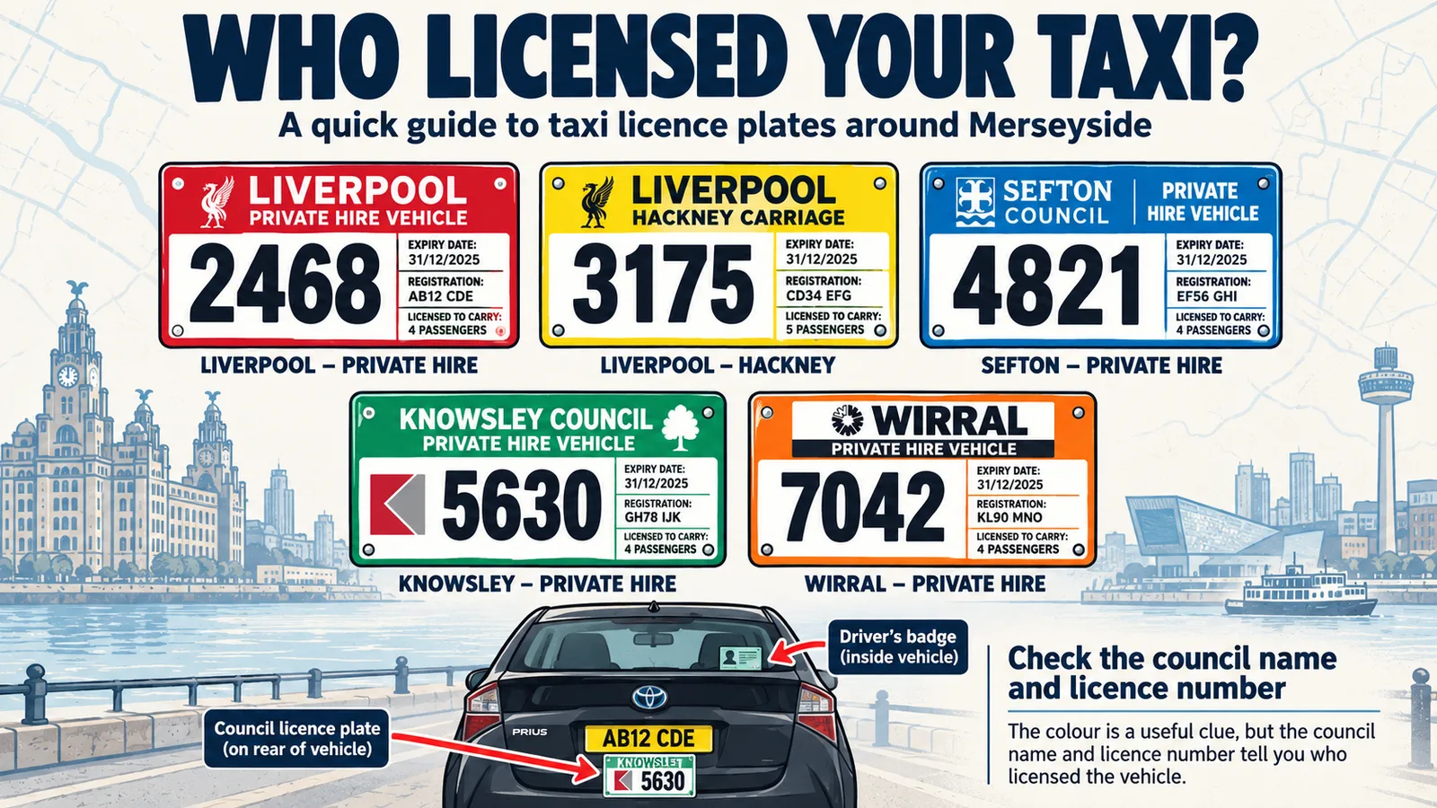 Guide graphic titled Who licensed your taxi, showing example licence plates for Liverpool, Sefton, Knowsley and Wirral and where to find the plate and driver badge on a car