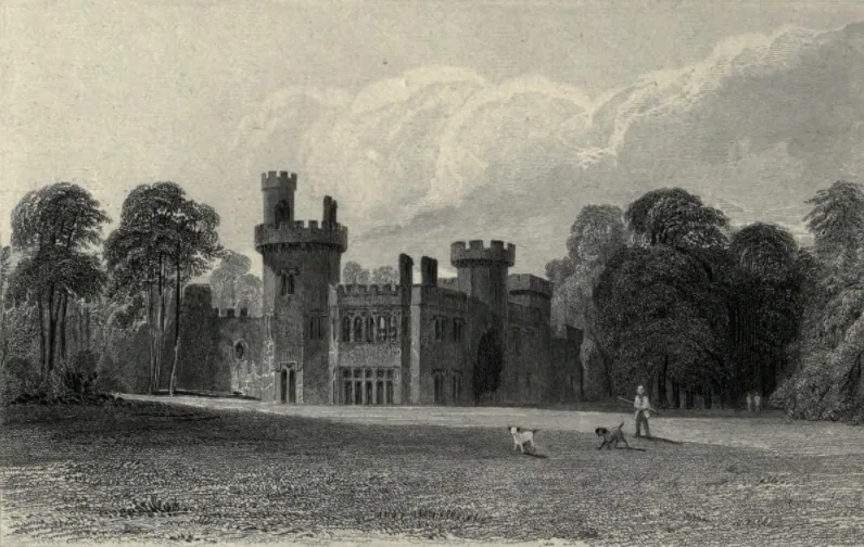 An 1832 engraving of Childwall Hall, a castellated country house set among trees and parkland