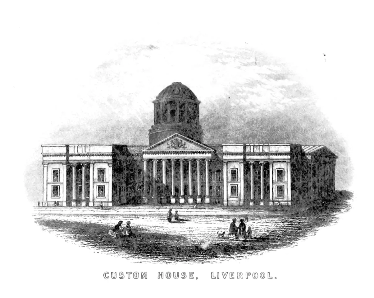 An 1854 engraving of Liverpool Custom House showing its classical portico, columns and central dome