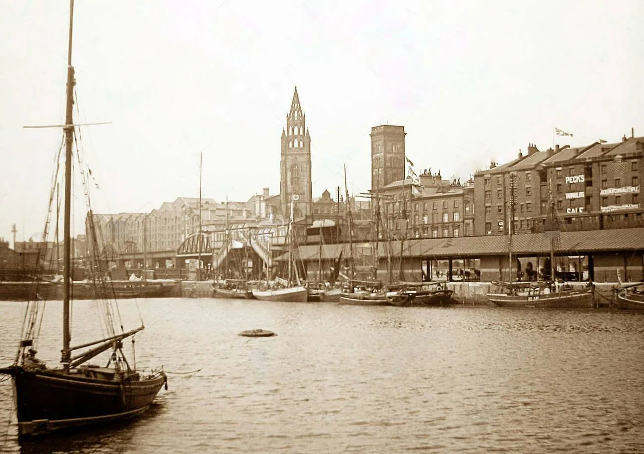 George's Dock in Liverpool in 1897, with the Overhead Railway viaduct alongside and dock buildings behind