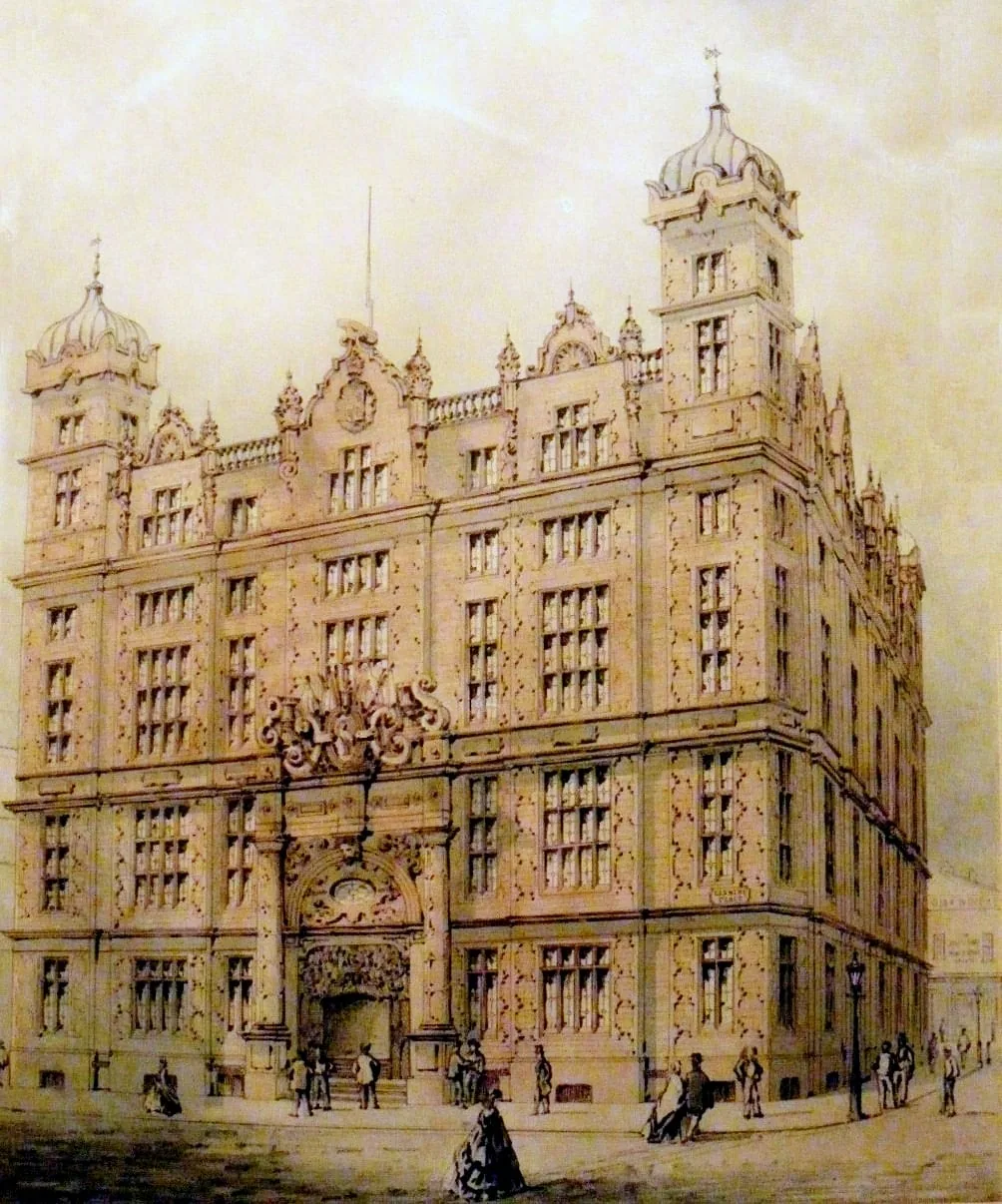 The Liverpool Sailors' Home on Canning Place around 1860, a tall Victorian building with an elaborate stone facade