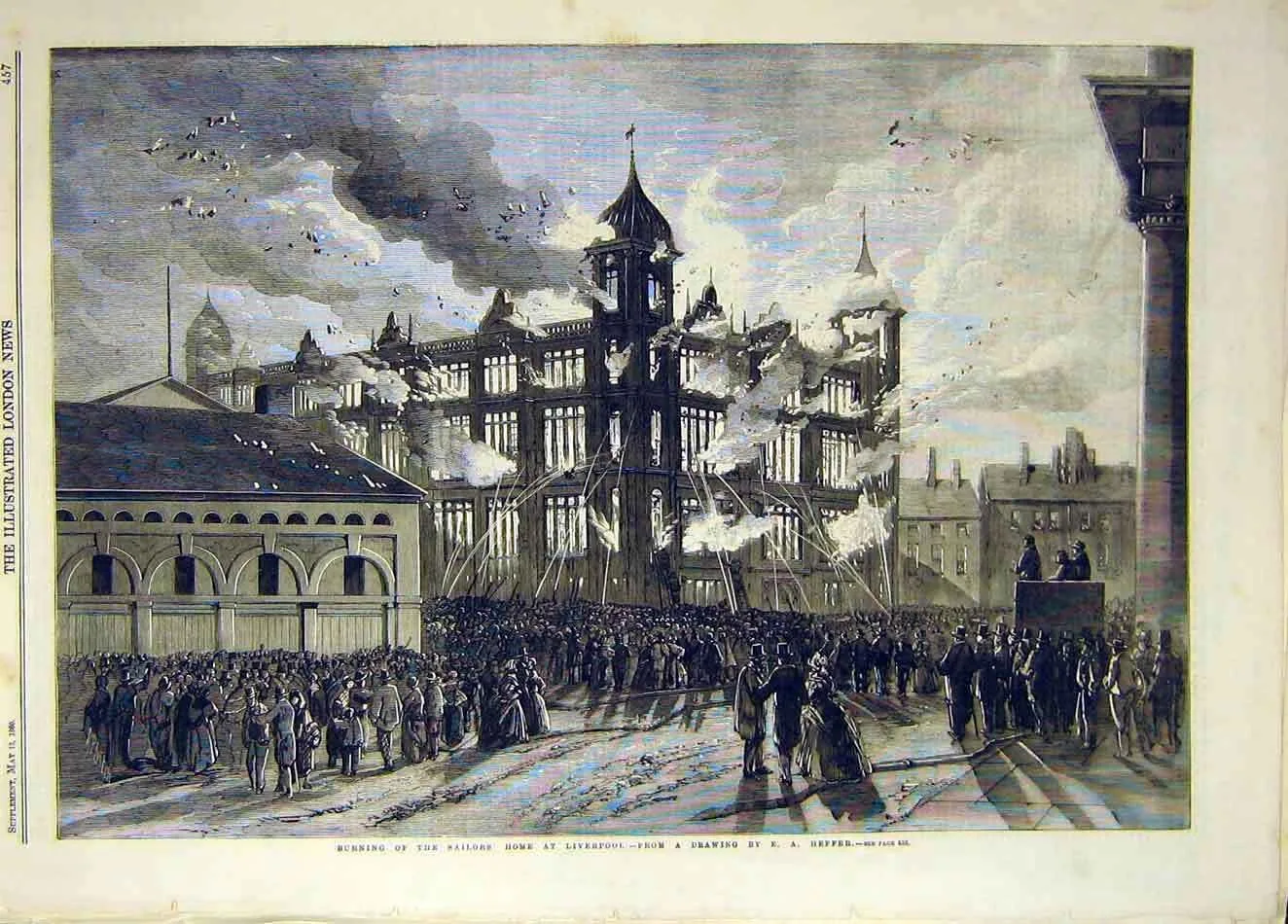 An engraving showing flames and smoke pouring from the Liverpool Sailors' Home during the fire of May 1860, with crowds and fire crews in the street below