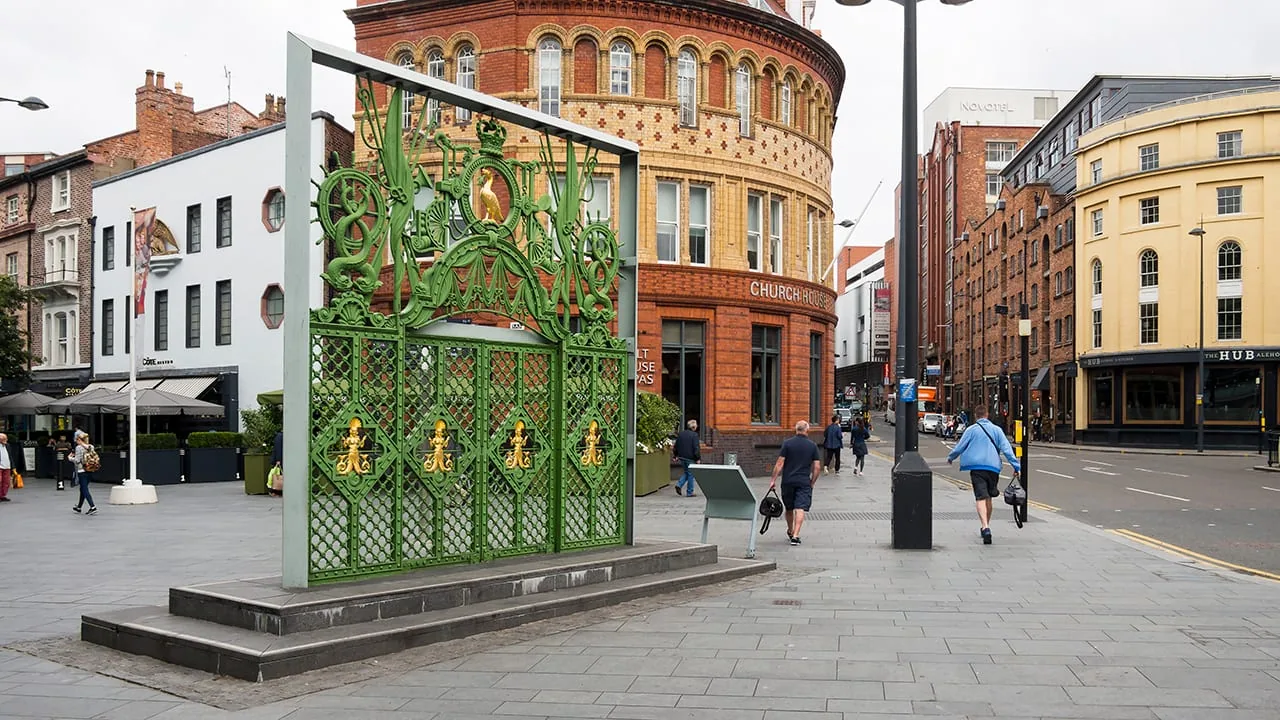 The restored cast iron gates of the Liverpool Sailors' Home standing in Liverpool One, with a Liver bird in the ironwork
