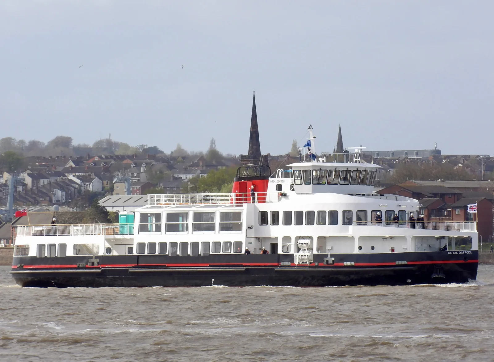The new Mersey Ferry Royal Daffodil, white with a red funnel and black hull, on sea trials on the River Mersey