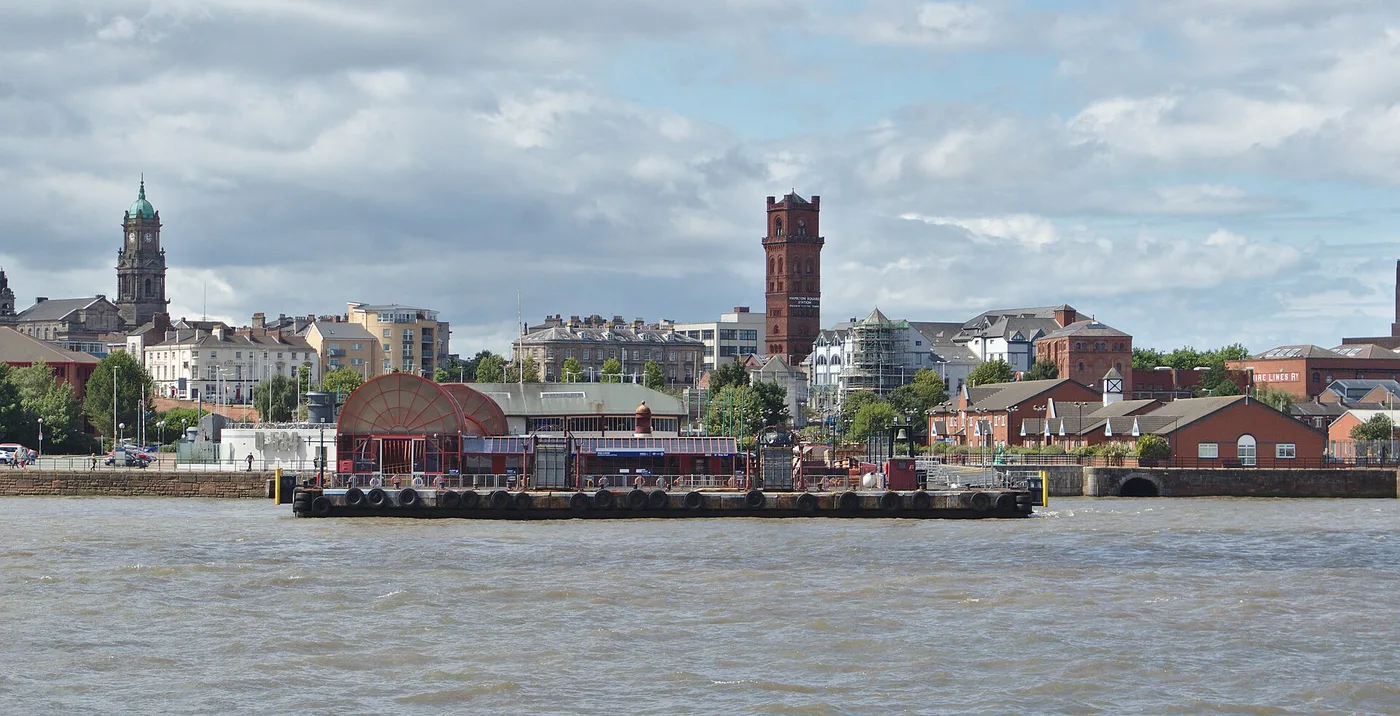 The Woodside area of Birkenhead seen across the River Mersey, with the ferry terminal at the centre of the waterfront