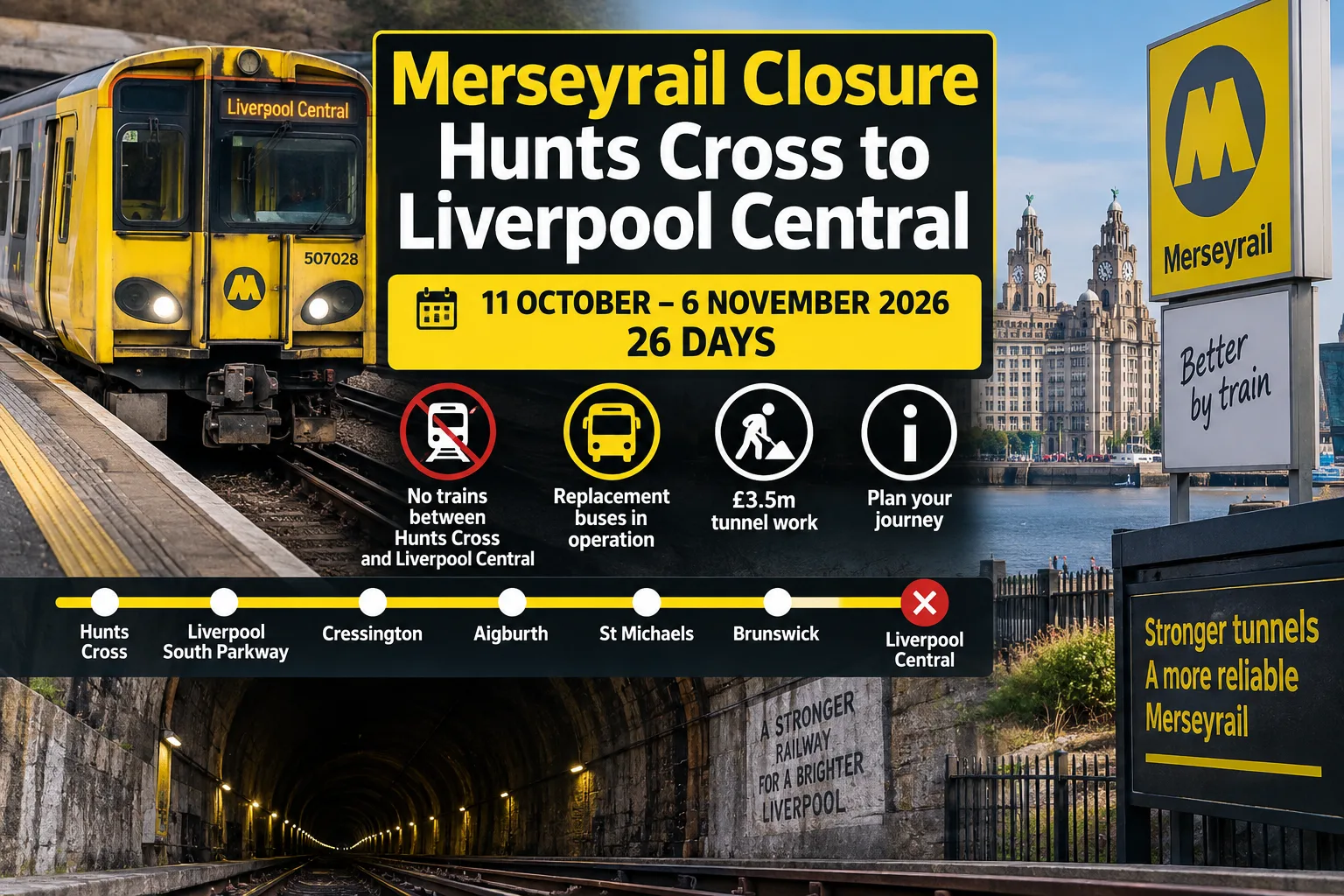 L1 Local title card reading Merseyrail Closure, Hunts Cross to Liverpool Central, 11 October to 6 November 2026, over a yellow Merseyrail train and a line diagram of the six affected stations