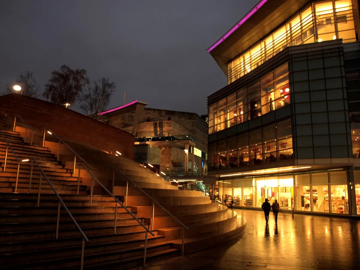 Liverpool ONE shopping centre photographed at dusk