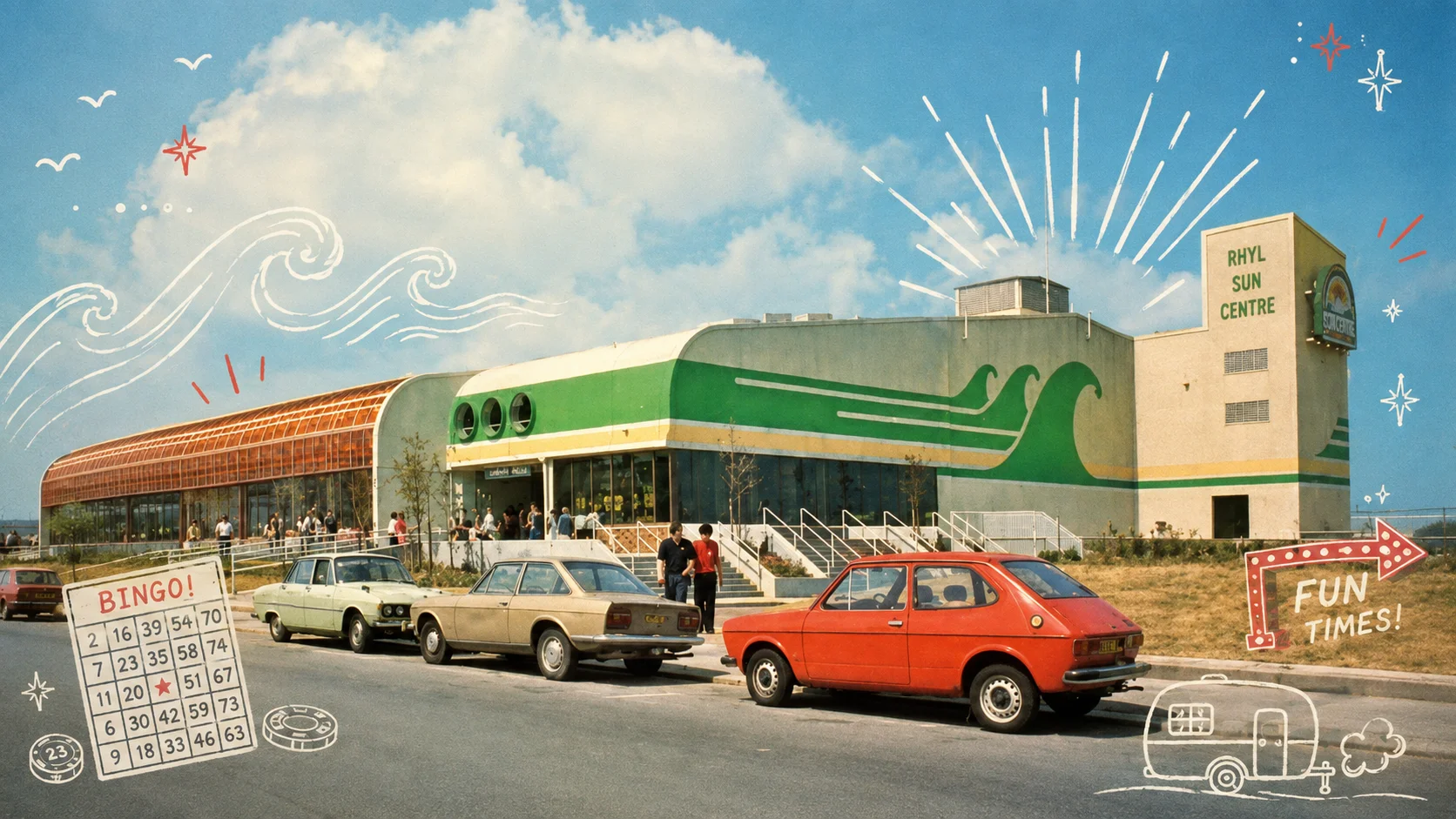 Rhyl Sun Centre in the 1980s with illustrated bingo cards, caravan and fun times graphics