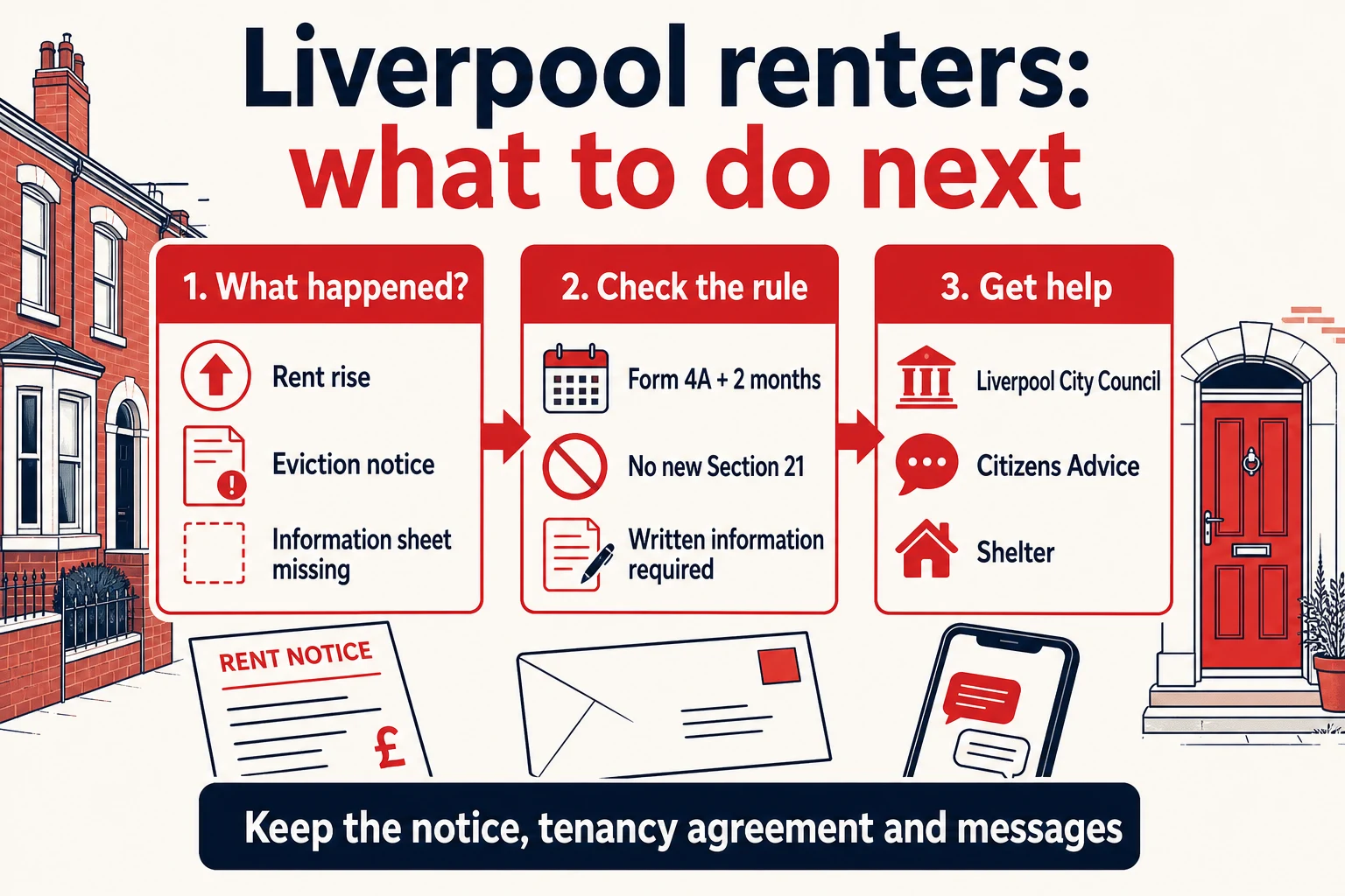 Illustrated Liverpool renters flowchart showing what to do after a rent rise, eviction notice or missing information sheet