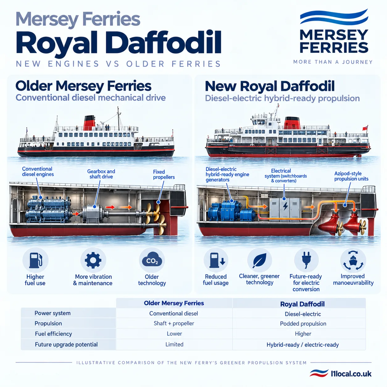 L1 Local illustration comparing the conventional diesel drive of older Mersey Ferries with Royal Daffodil's diesel-electric hybrid-ready propulsion