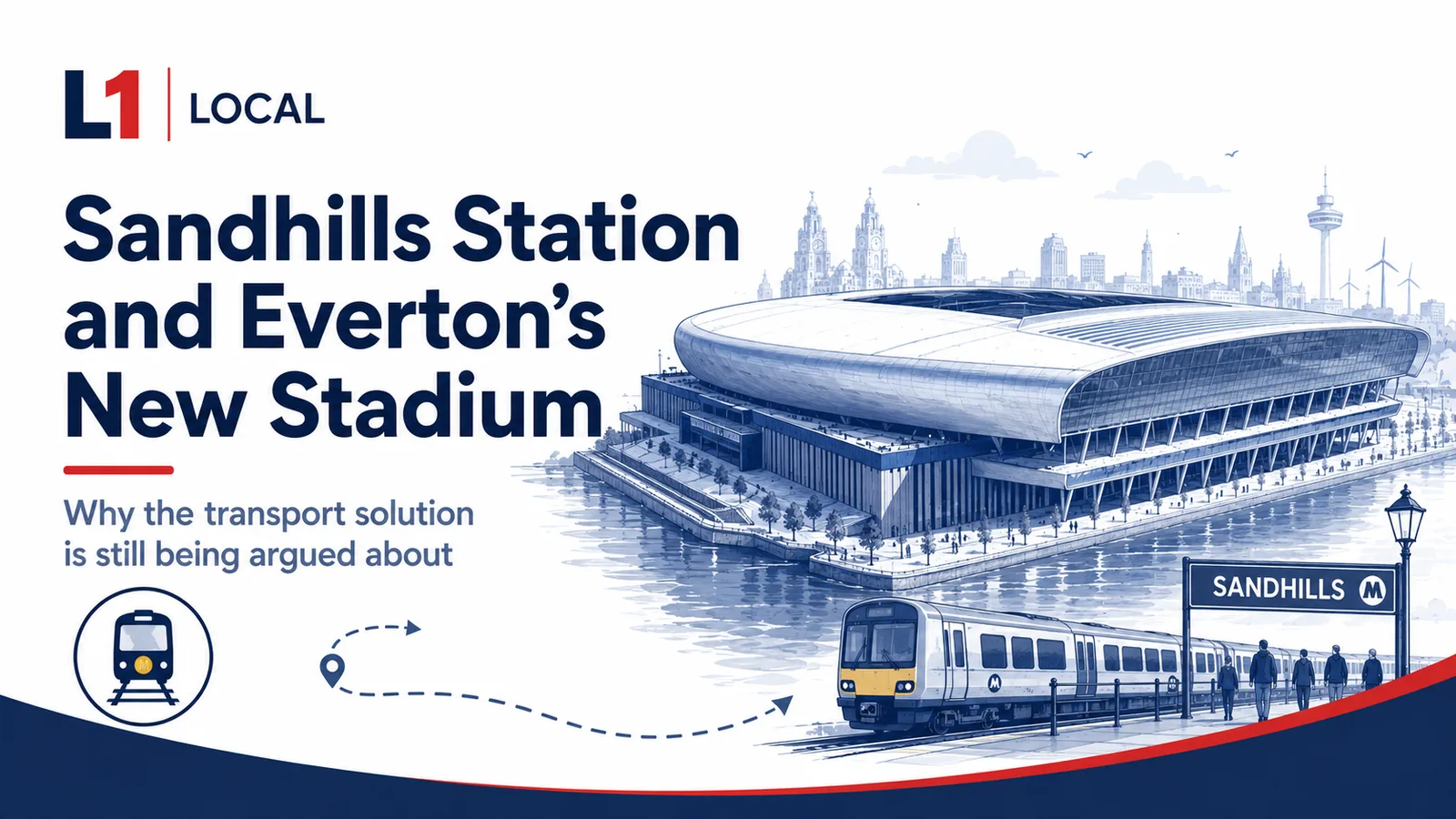 L1 Local title card reading Sandhills Station and Everton's New Stadium, over an illustration of Hill Dickinson Stadium on the waterfront and a Merseyrail train at a Sandhills platform