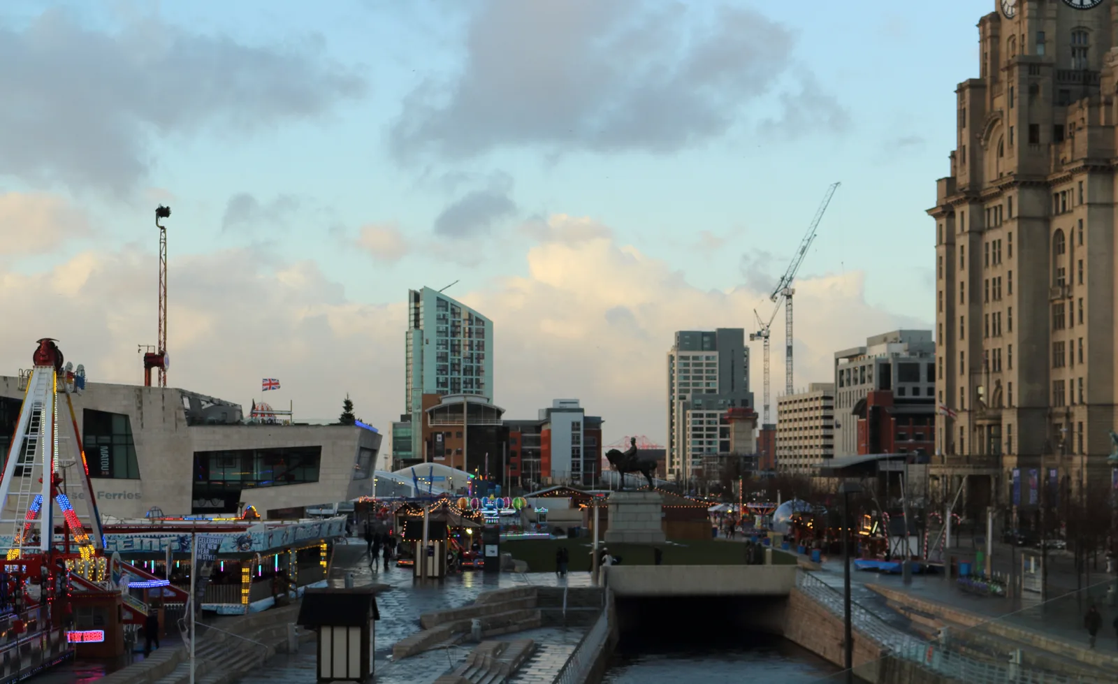 Christmas market stalls and lights at Liverpool's Pier Head, photographed in a previous year
