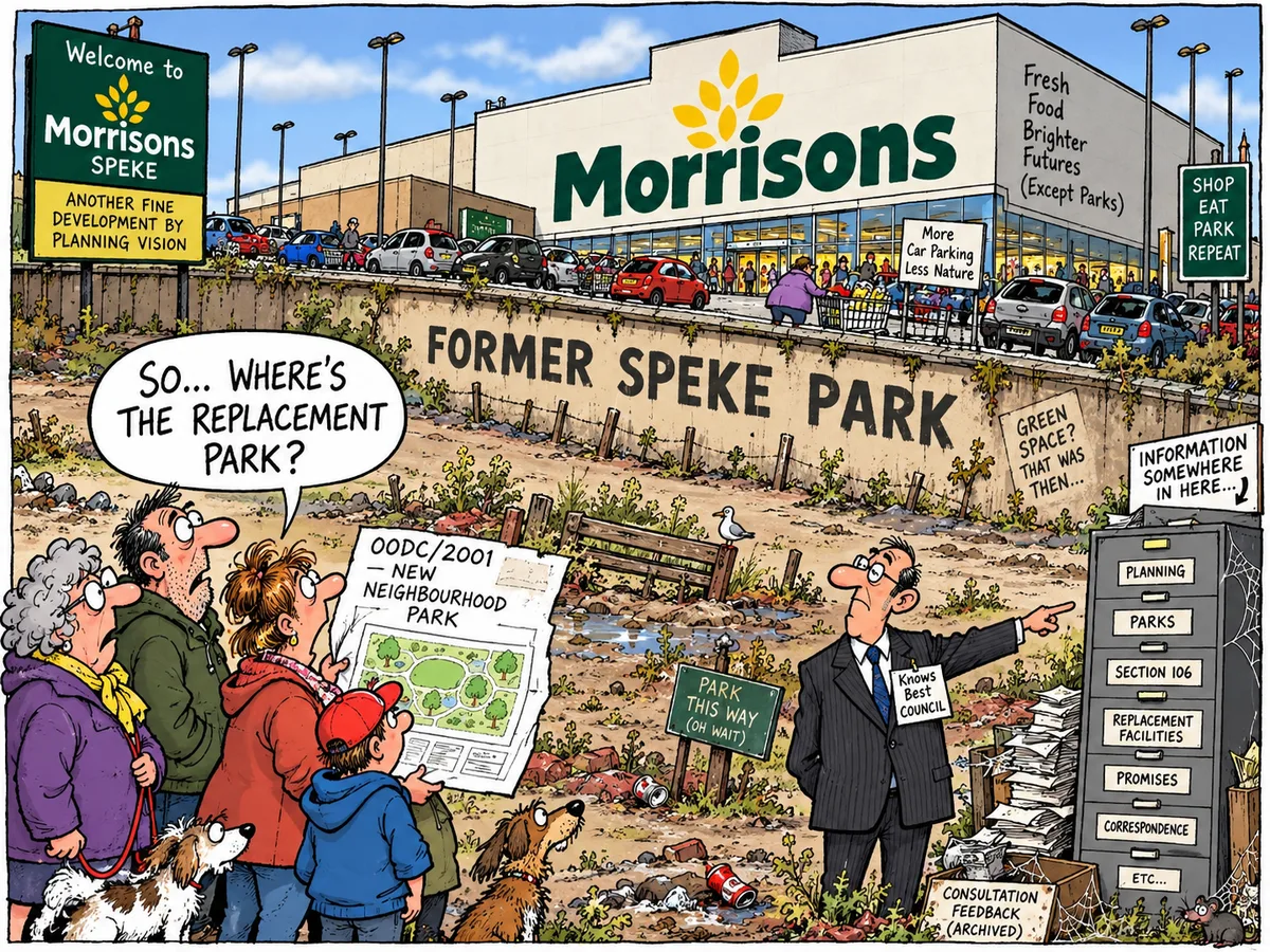 Satirical cartoon of Speke residents holding a plan marked 00DC/2001 New Neighbourhood Park, asking where the replacement park is, beside a wall marked Former Speke Park below a supermarket car park, while a council official points to a cobwebbed filing cabinet