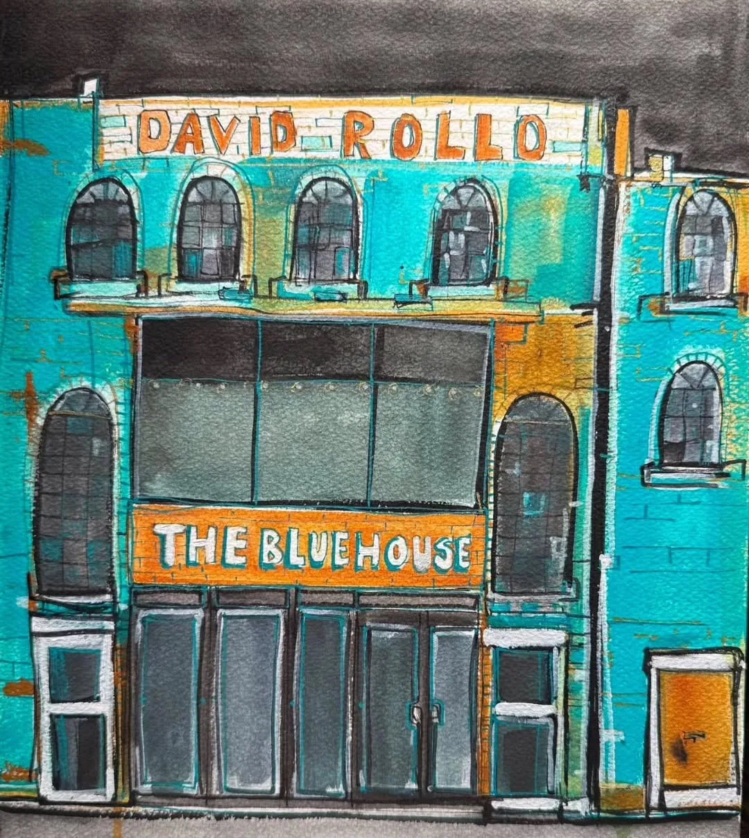 Alexis Butterfield's ink and watercolour painting of The Blue House, a turquoise building with a sign reading David Rollo