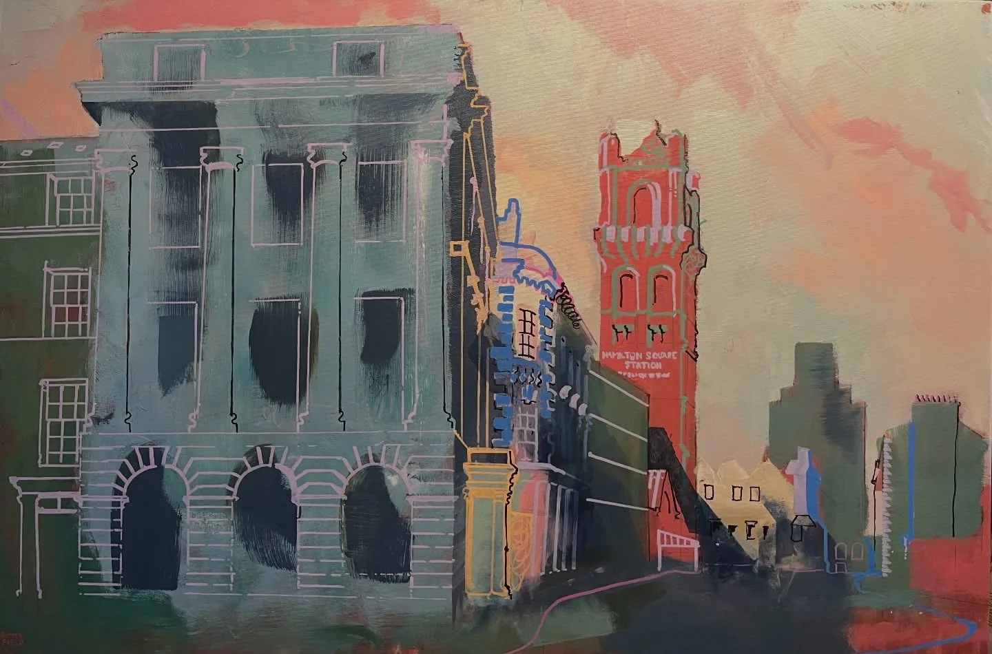 Alexis Butterfield's painting of a Georgian building beside the red Hamilton Square Station tower at sunset