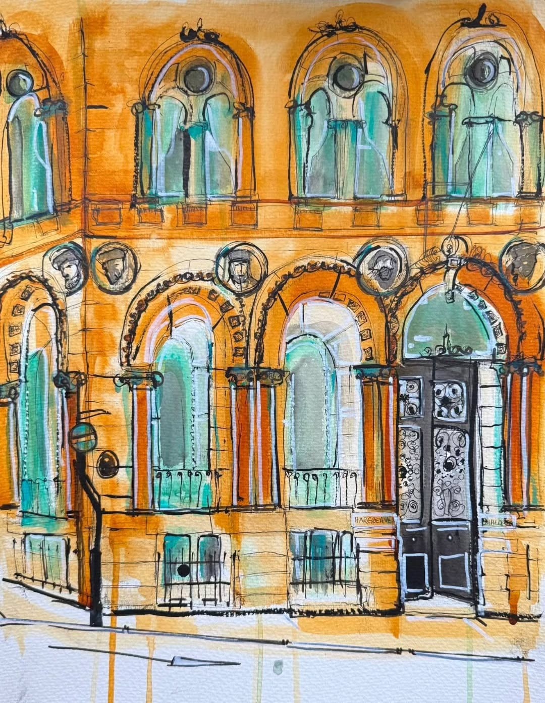 Alexis Butterfield's painting of a grand Liverpool civic building with columns and twin towers
