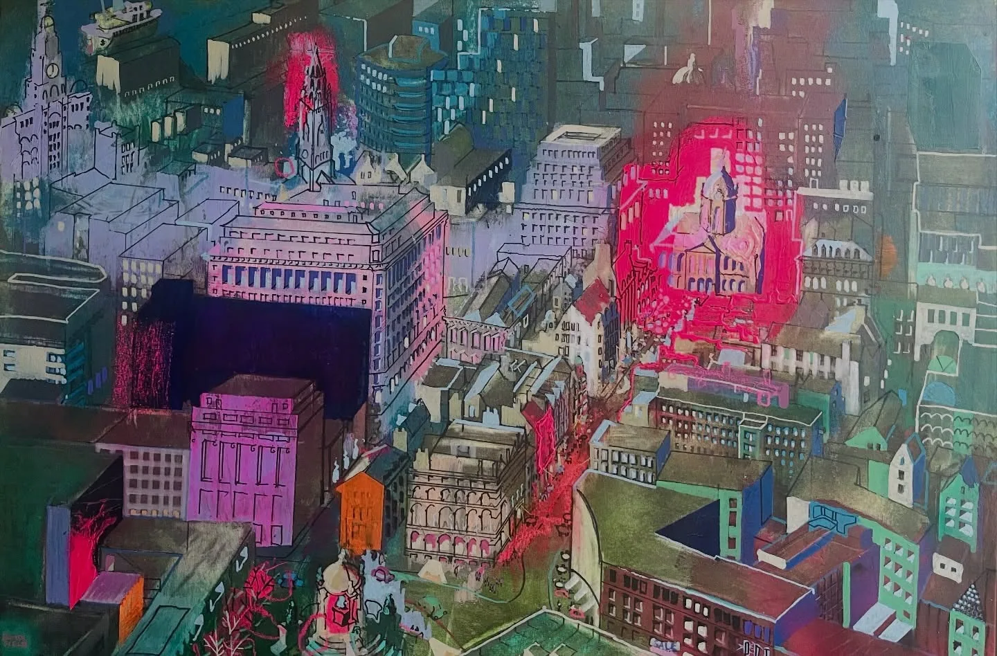 Alexis Butterfield's aerial painting of Liverpool city centre in purples and greens, with the Royal Liver Building top left and pink glowing patches over the rooftops