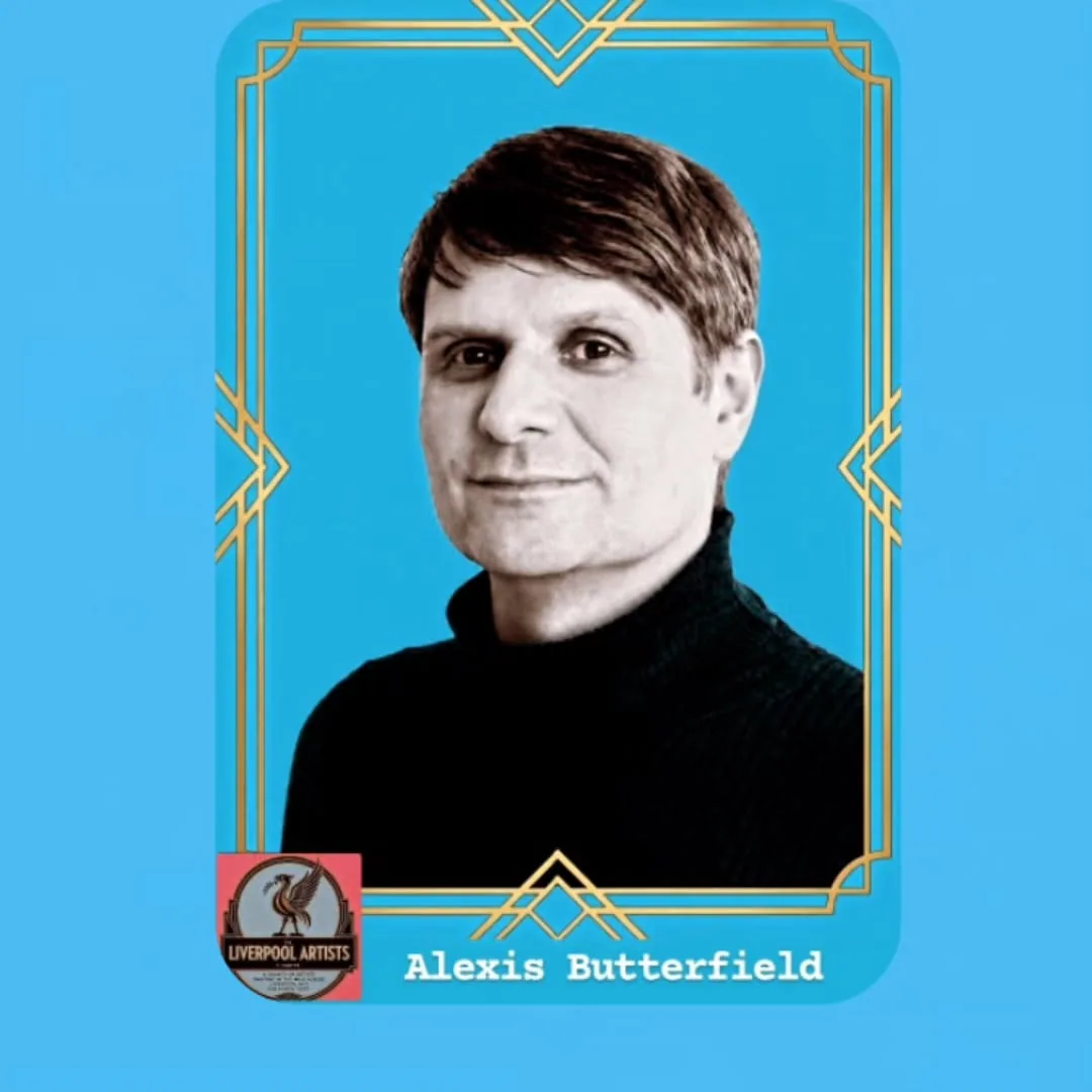 Alexis Butterfield in a black polo neck, shown on a blue Liverpool Artists member card