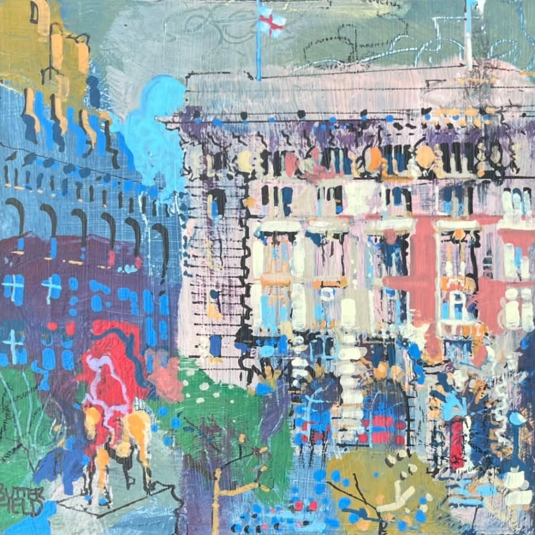Alexis Butterfield's abstract painting of a Liverpool street scene in blue, pink and gold