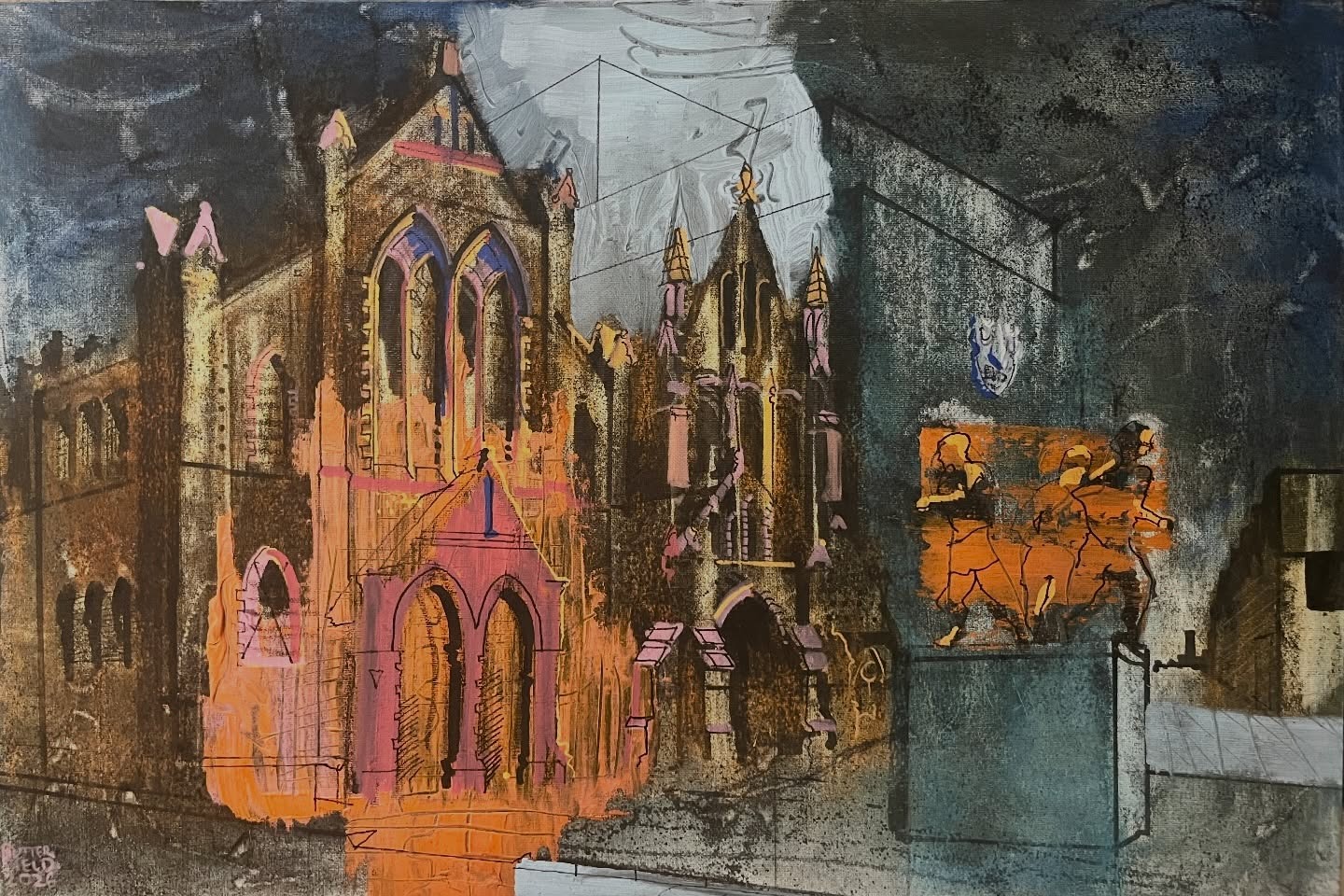 Alexis Butterfield's painting of the Throstle's Nest pub and a nearby church, in dark tones with warm interior light