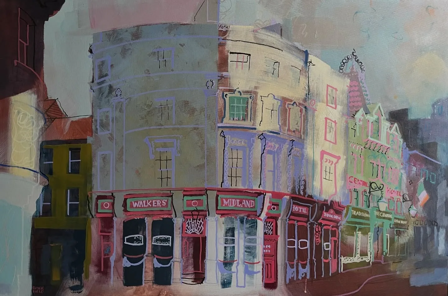 Alexis Butterfield's painting of a curved street corner in Liverpool with the Walker's Midland and Central Hotel pubs in red and pale green