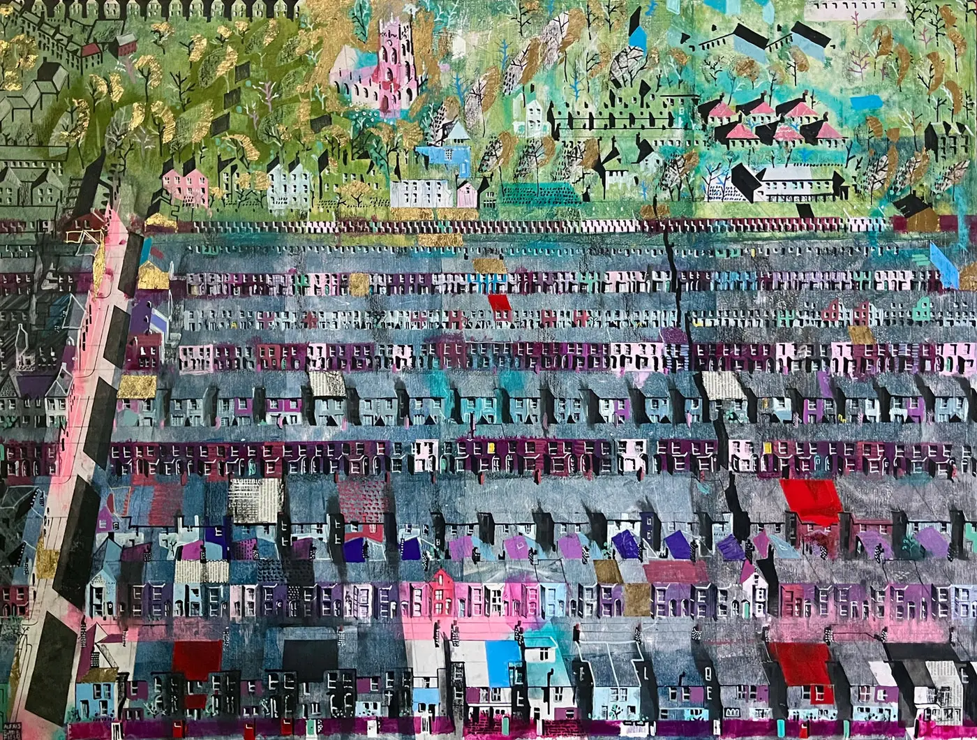 Alexis Butterfield's mixed-media painting St Michael's Hamlet: Another World, showing South Liverpool terraces around the Hamlet