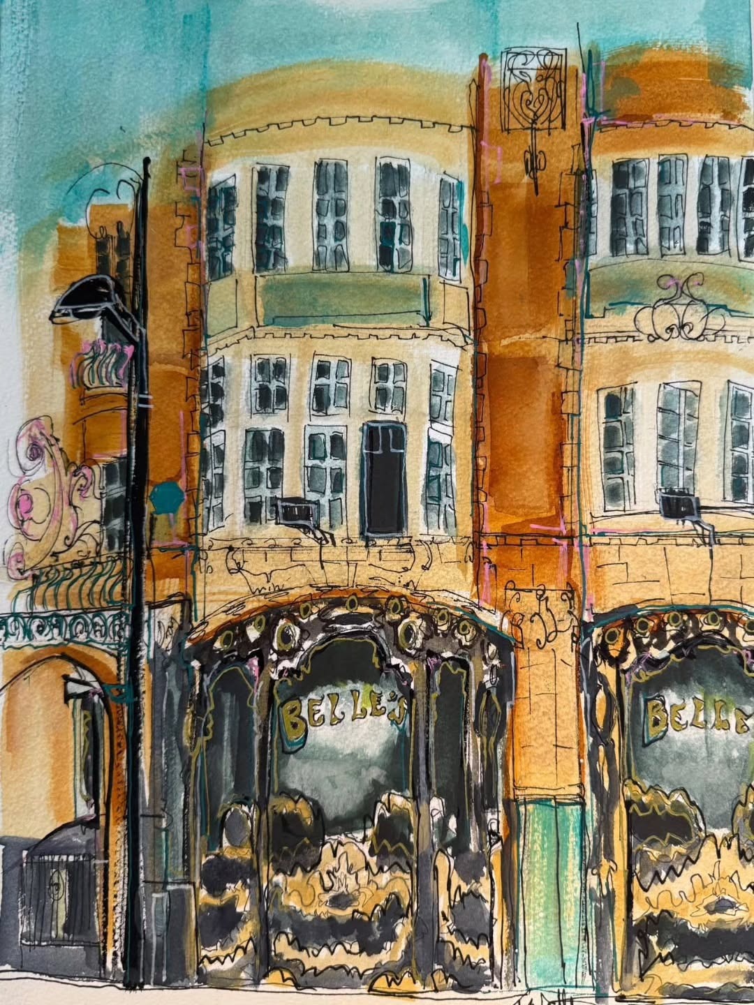 Painting of the Belle's building on a Liverpool street, with ornate ironwork and arched windows