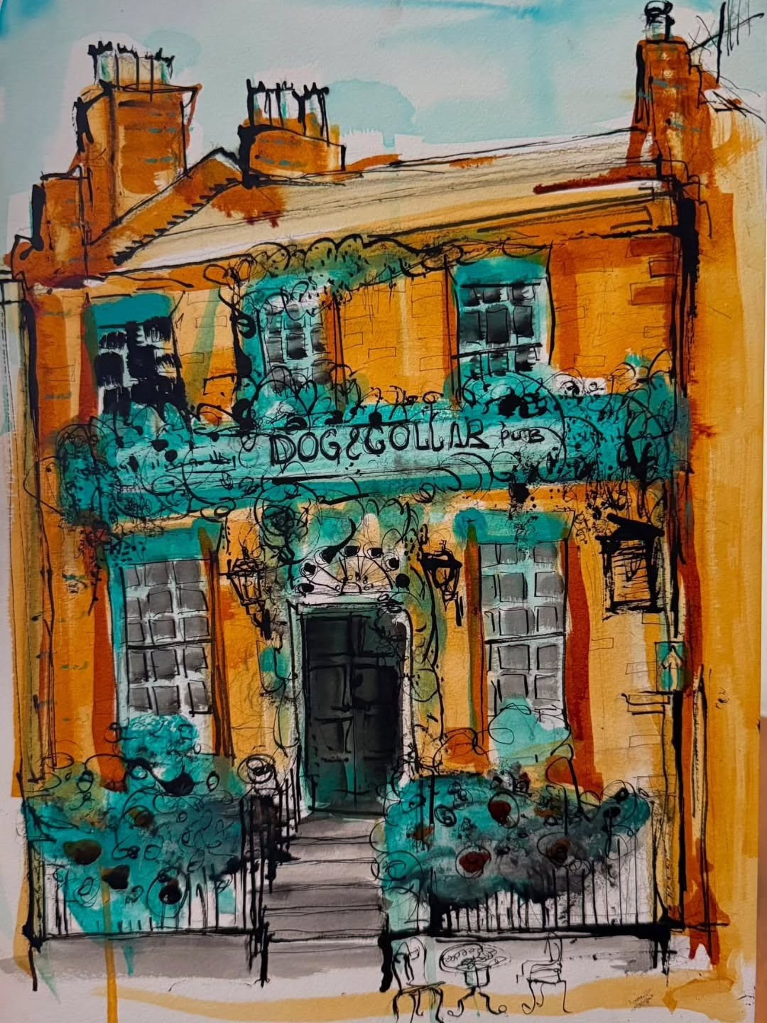 Watercolour and ink painting of the Dog and Collar pub in Liverpool
