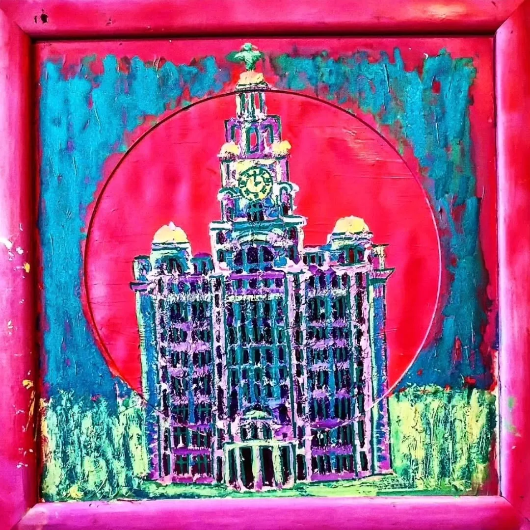 Gary North's textured painting of the Royal Liver Building in purple and teal, set in a red circle inside a pink frame
