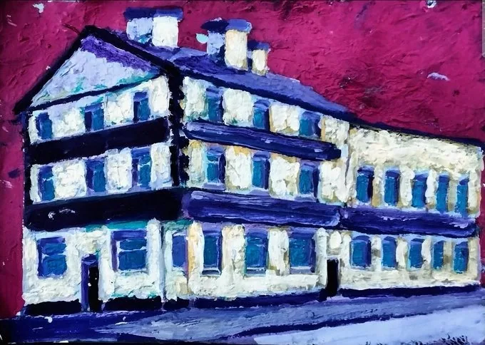 Gary North's textured oil painting of The Coburg, a long cream building with blue windows and a dark roof against a crimson background