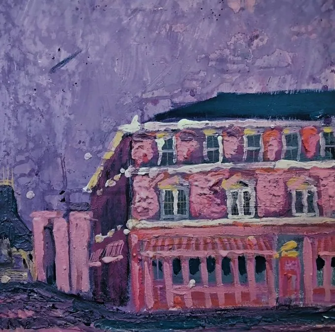 Gary North's painting of Papillon on Hope Street, a pink corner building with a dark mansard roof and arched ground-floor windows under a purple sky