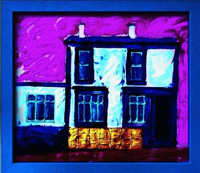 Gary North's painting of Ye Cracke, a two-storey white building with dark windows and a golden tiled base against a magenta sky, in a bright blue frame