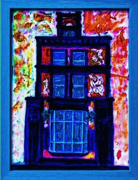 Gary North's painting of The Globe, a tall narrow building with a large bay window, in saturated blues, oranges and pinks, in a bright blue frame