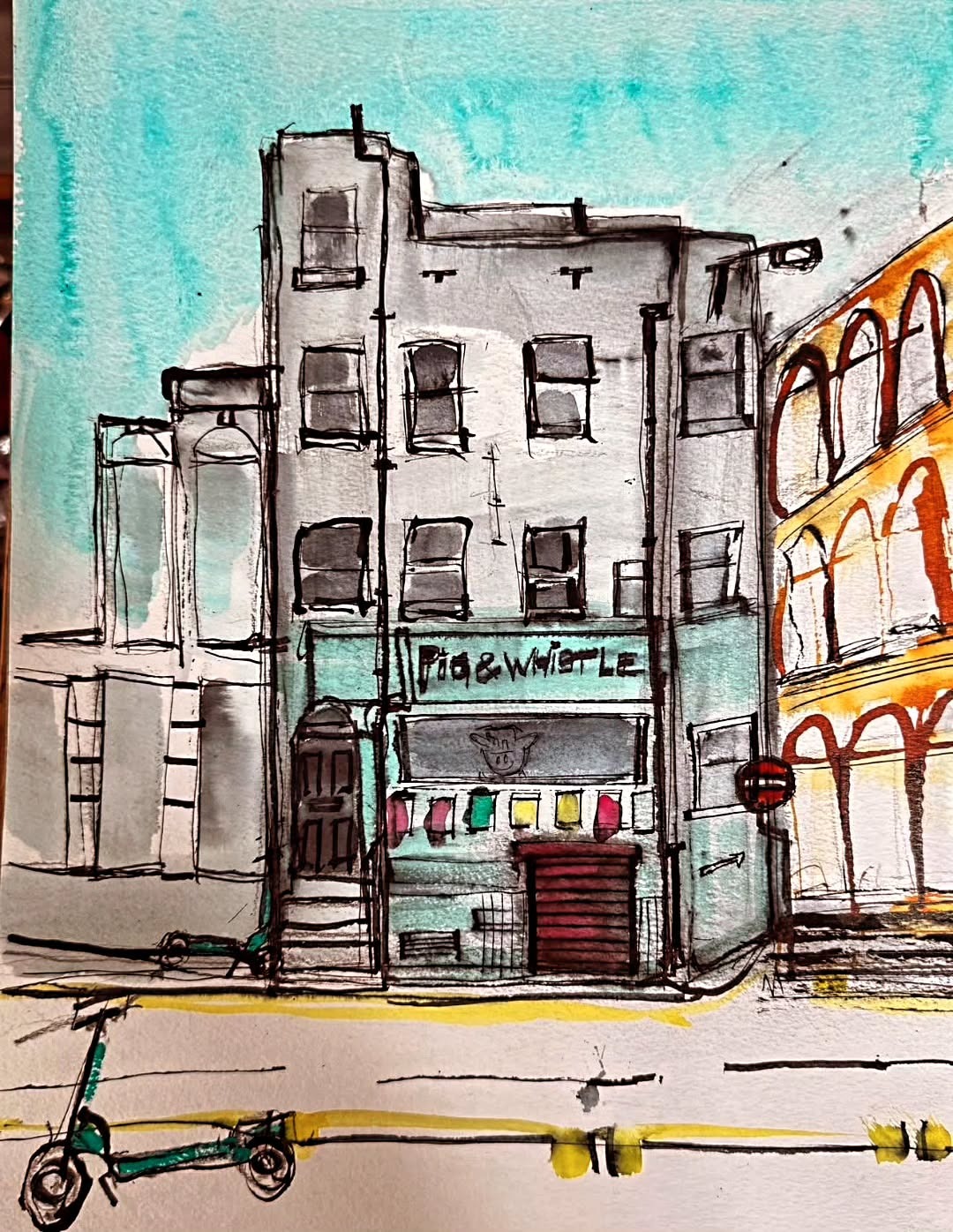 Watercolour and ink painting of the Pig and Whistle pub in Liverpool, one of Gary North's pub paintings