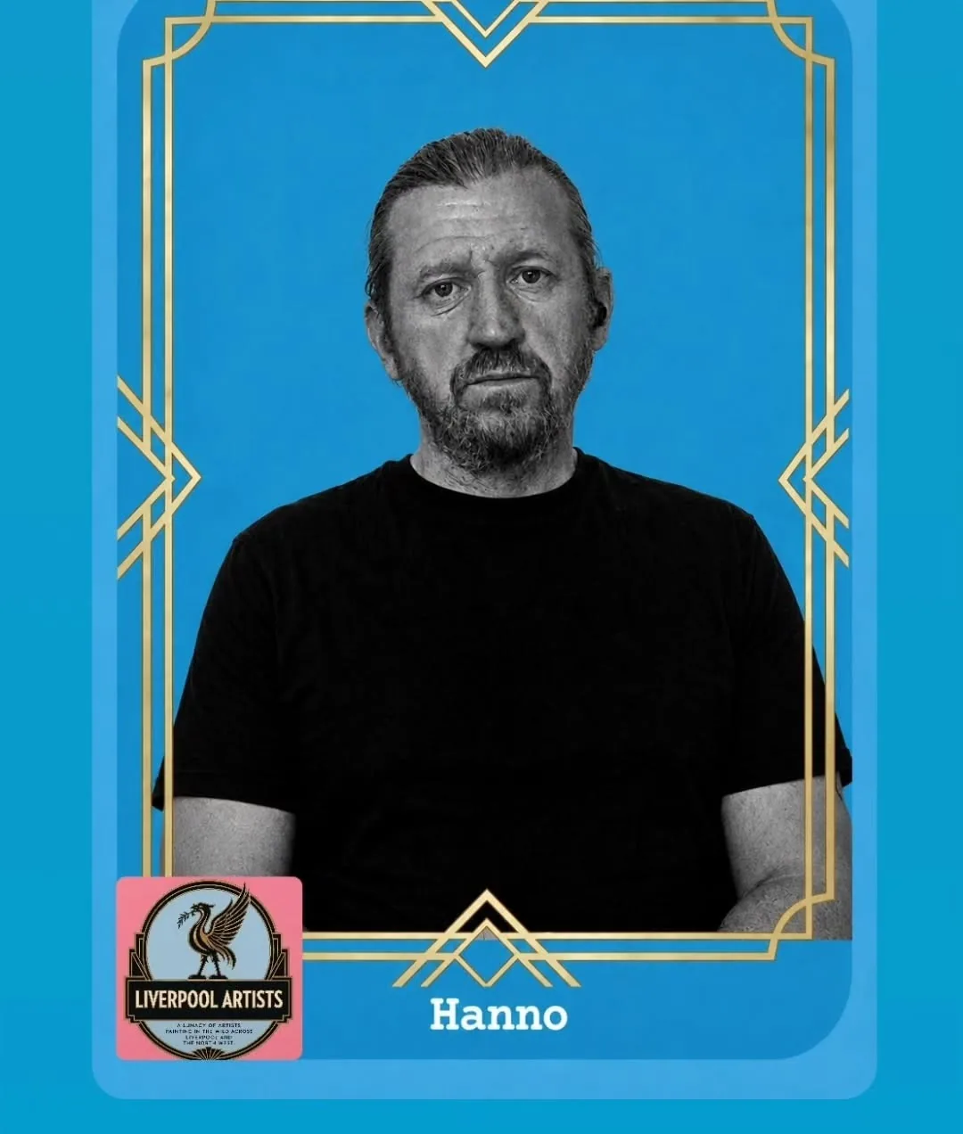 Ste Hanno in a black t-shirt, shown on a blue Liverpool Artists member card
