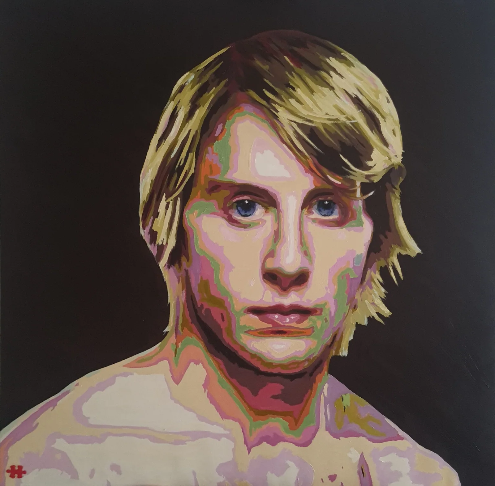 Ste Hanno's painted portrait of Liverpool mixed martial artist Paddy Pimblett, built from flat patches of pink, green and cream on a dark background, with a small red jigsaw piece in the bottom left corner