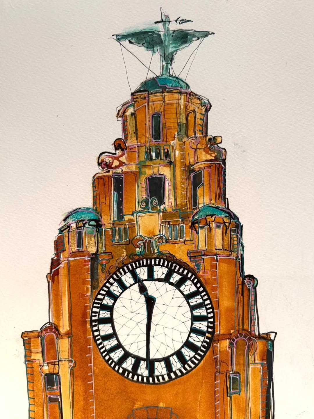 Detailed painting of the Royal Liver Building's clock tower and Liver Bird in orange and teal tones