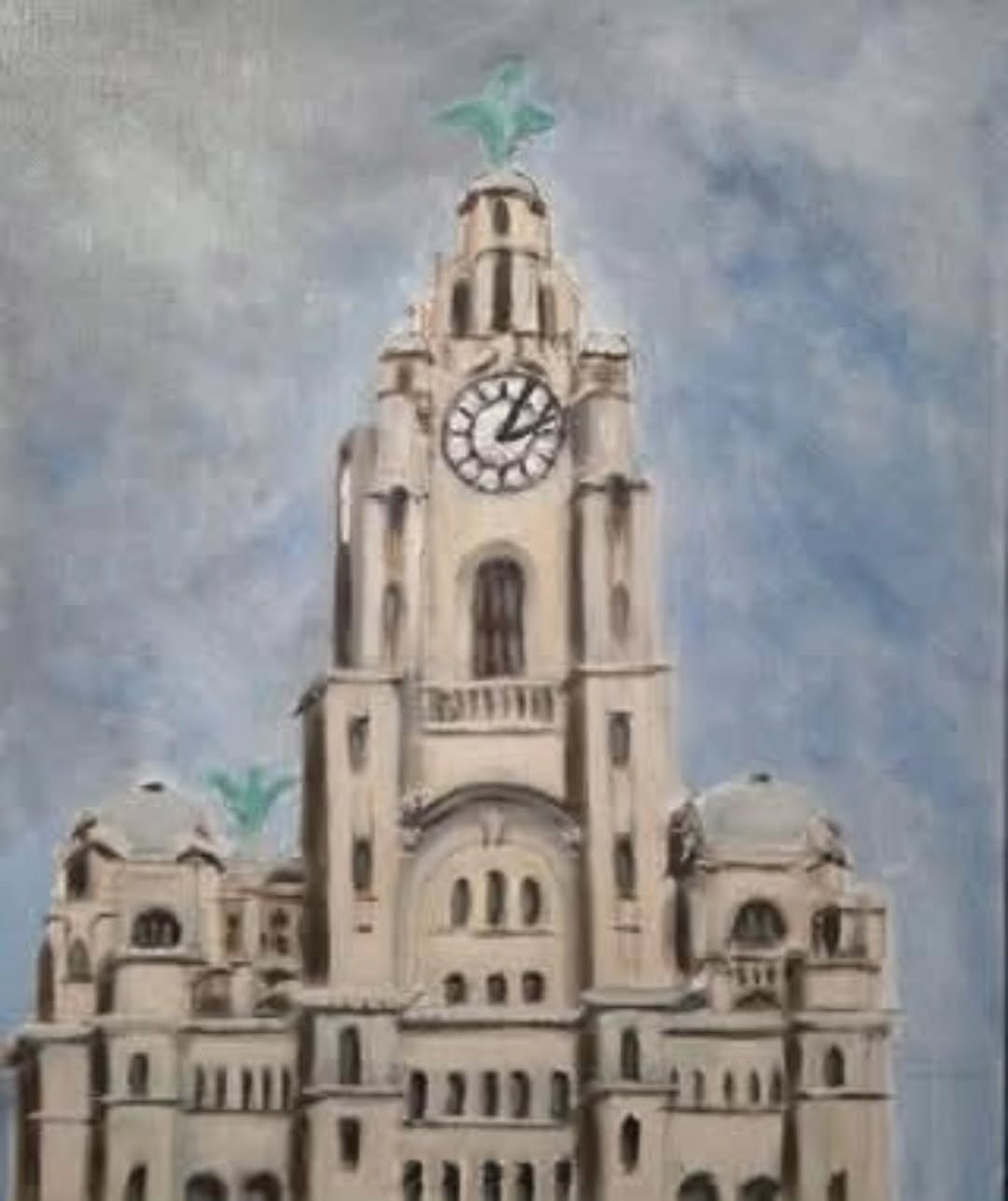 Painting of the Royal Liver Building clock tower and Liver Birds against a blue sky